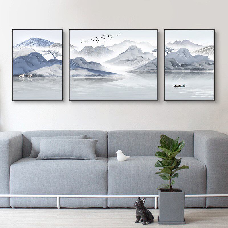 速发新中禅客厅装饰画三联画背景墙沙山式意水墨发水画中国风壁画