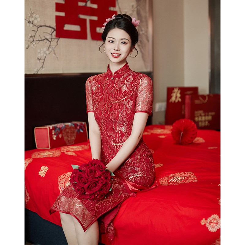 现货速发芊慕新中式旗袍敬酒服新娘结婚当天便装订婚礼服裙红色回