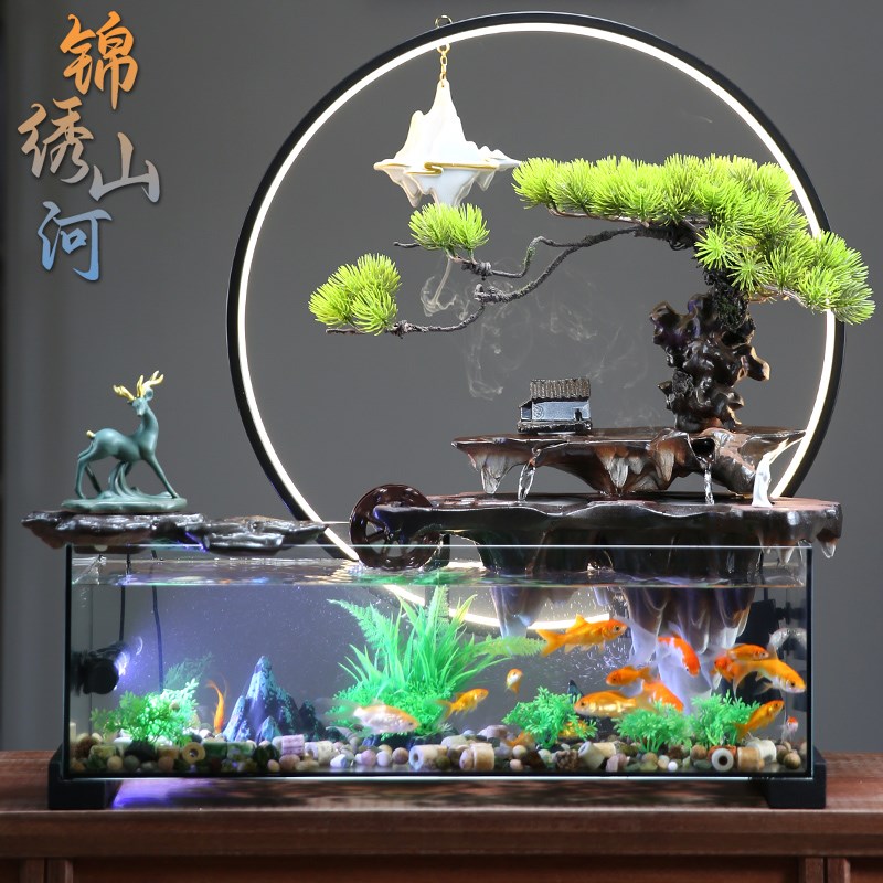 速发养鱼缸流水摆件循环水客厅招室办公财过滤视景观电造柜轮装饰
