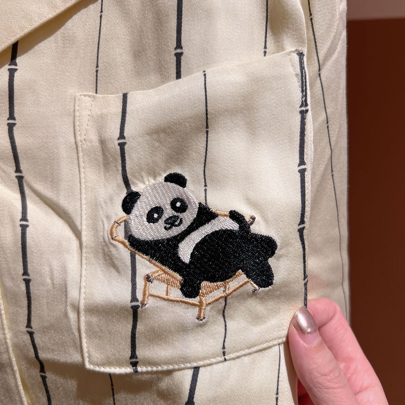 速发新款春棉2024可爱熊猫秋刺绣套睡衣竹叶长袖长裤绸装家居服