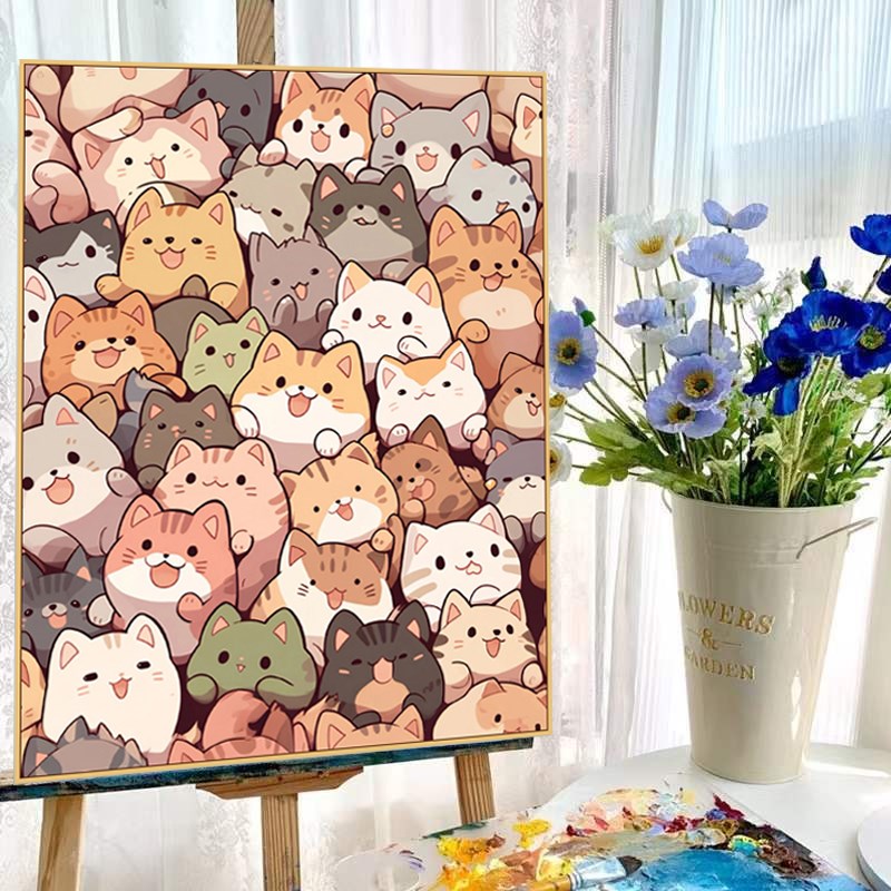 速发猫儿堆堆乐数字油画手工填爱涂色手绘咪童油彩装饰可色丙烯画