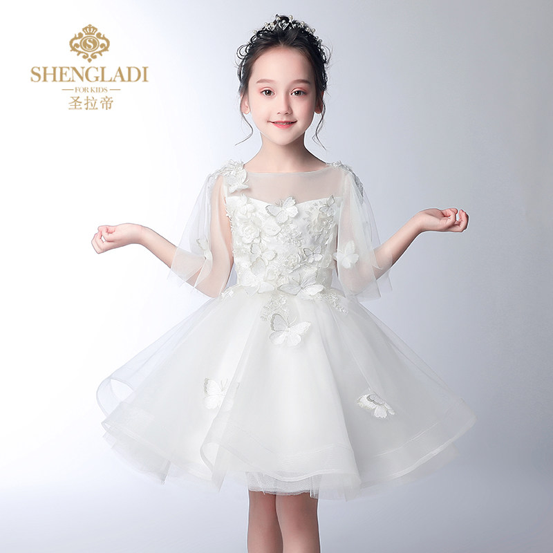 新款花童礼服女儿童婚纱女童公主裙小女孩婚礼Q白色蓬蓬纱主持人