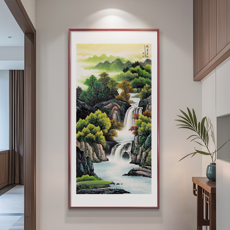 速发聚宝盆挂画新中式玄关山水画竖版旭日东升手绘国画办公室装饰