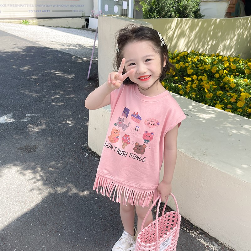 速发儿童T恤裙韩版休闲2024新款小童印花流苏A字裙童无袖裙夏装