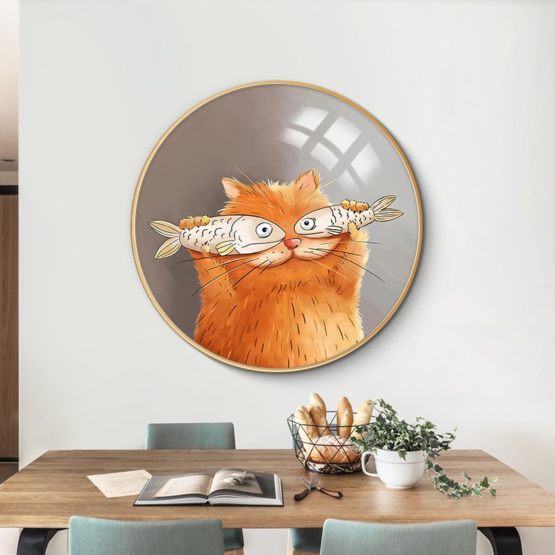 速发可爱招财猫咪圆形装饰画餐厅民宿饭店挂画儿童房卧室壁画图片
