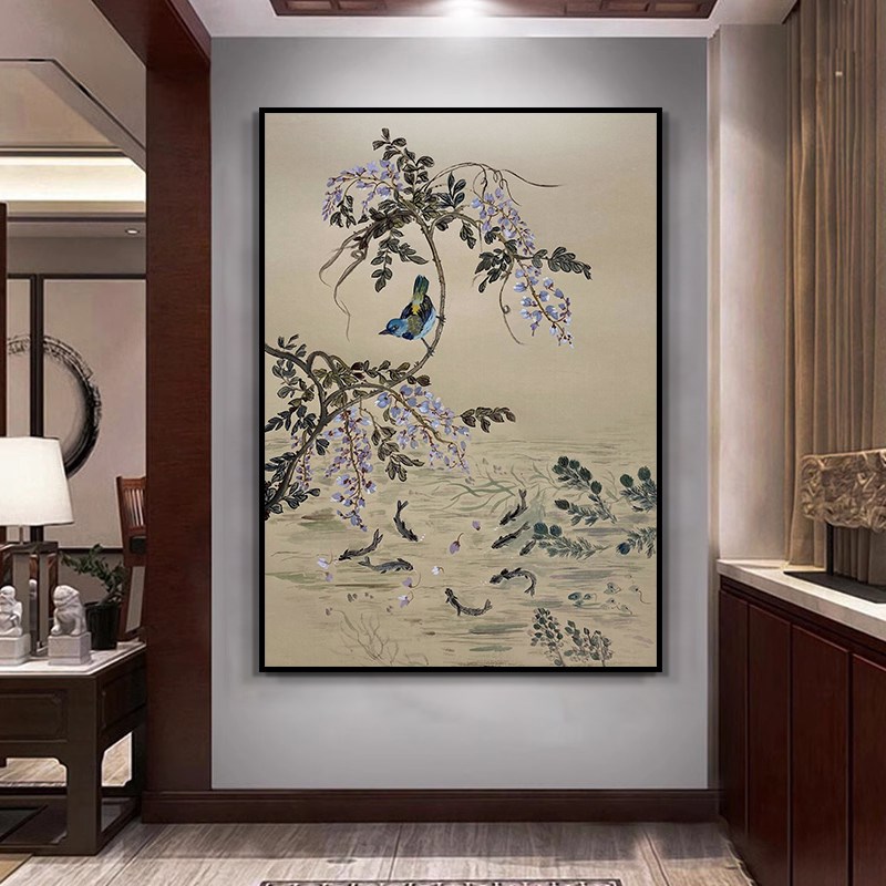 速发九鱼图手绘油画新中式客厅花鸟图装饰画入户玄关走廊过道花卉