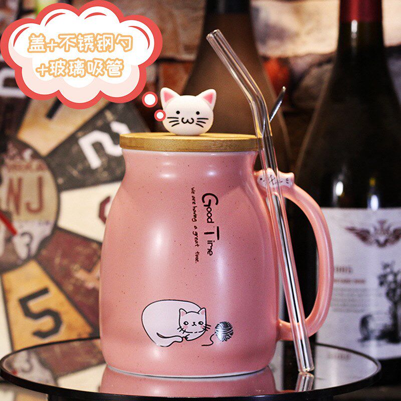 速发马克杯带盖勺水杯可情猫咪韩少咖啡版爱侣早餐杯一对办公室