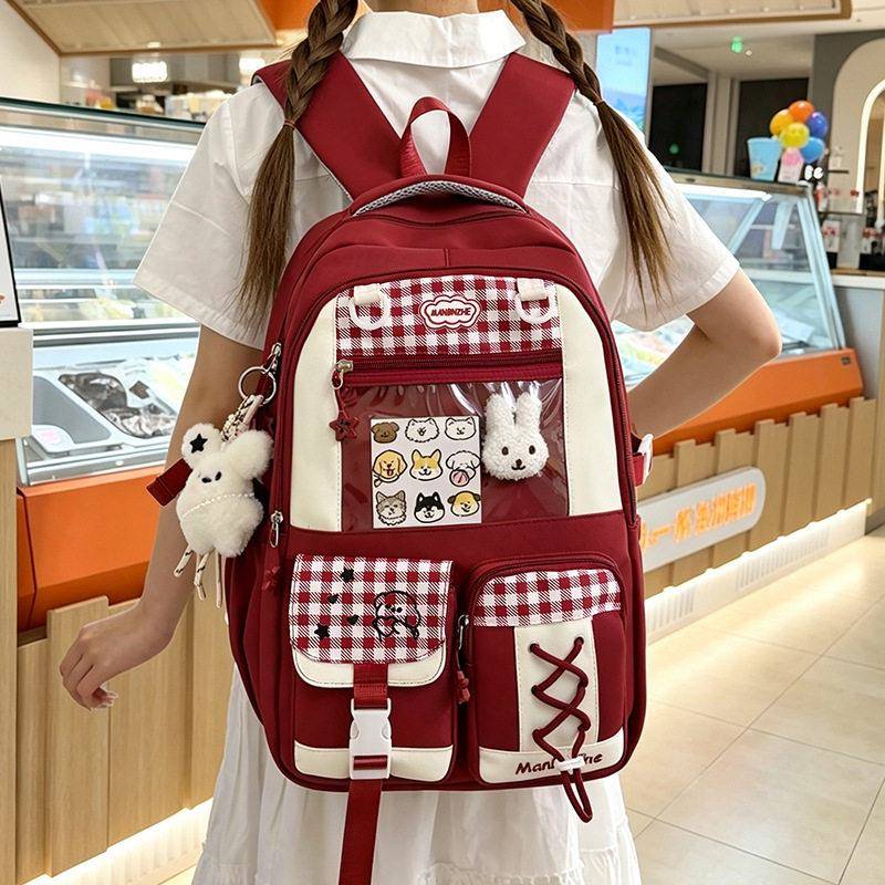 颜值学院风酒红格子书包初中生温柔治愈感休闲百搭旅行双肩包