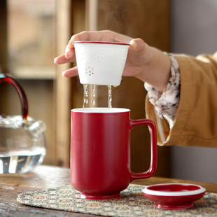 陶瓷茶杯带过滤办公室茶水分I离泡茶杯家用白瓷水杯带盖 免费定字