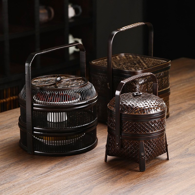 手工竹编收纳盒复古带盖茶具收纳A筐家用整理提篮日式托盘水果篮