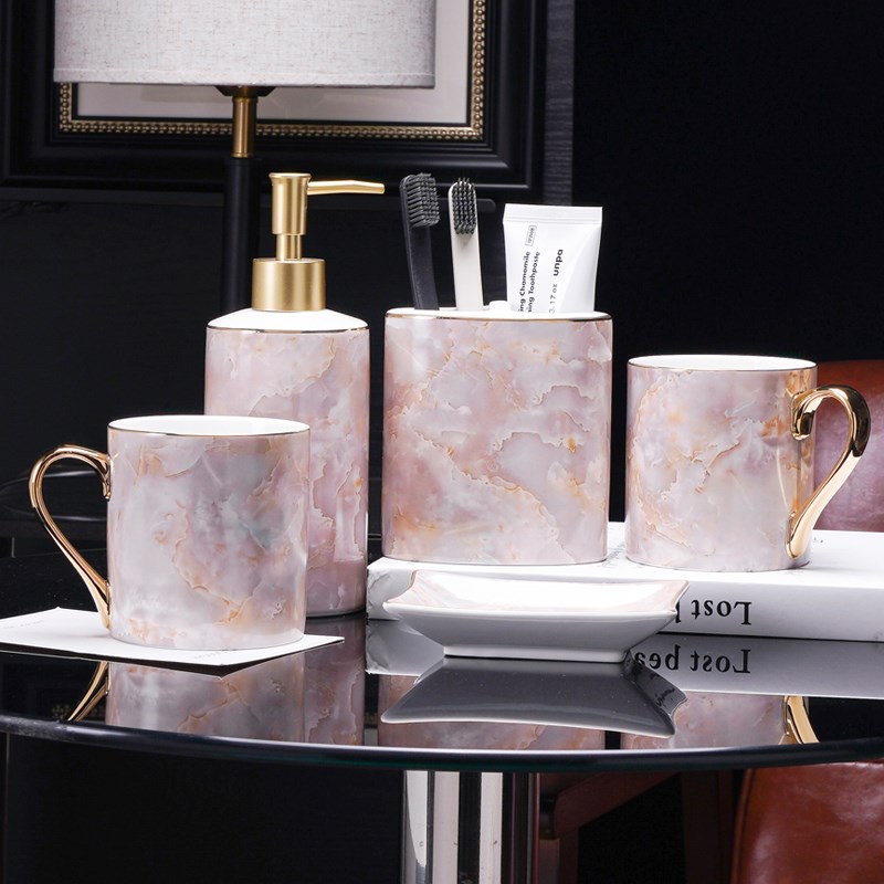 结婚洗漱套装四件套漱口s杯刷牙杯陶瓷牙刷杯洗手台托盘卫浴五件