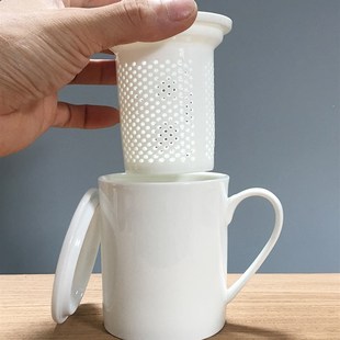 白瓷内胆茶隔杯子带盖办公室家用三件 陶瓷过滤茶杯茶h水分离中式