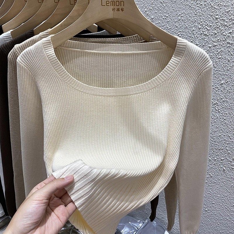 秋冬新款针织衫女白色短款修身方领内搭打底毛衣2021黑色长袖上衣