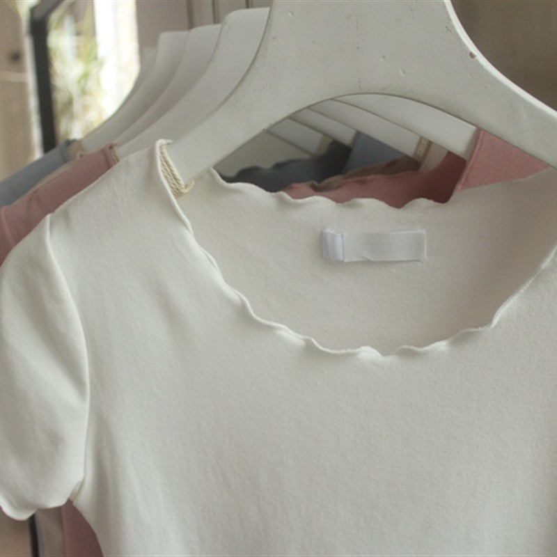 木耳边纯棉休闲T恤女短袖圆领基础款简约胖M大码打底小衫夏季上衣