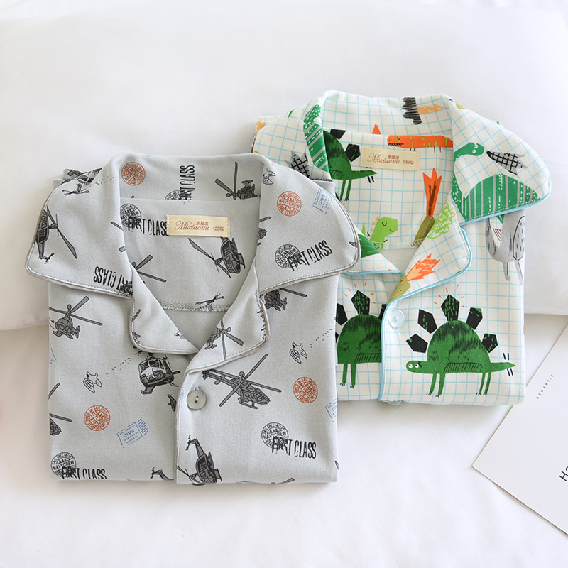 儿童春秋纯棉睡衣套男童阿帕奇直升机恐龙卡通全棉小童大童家居服