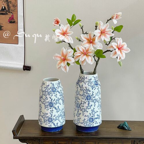 新中式中国风青花瓷复古花瓶陶瓷鲜花客厅装饰品摆件干花插花花器