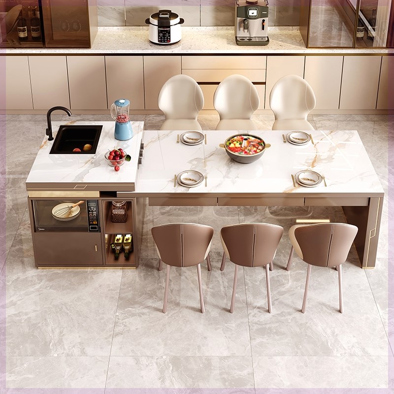 带水槽岛台餐桌一体家用客厅高端岩板多功能餐桌椅子