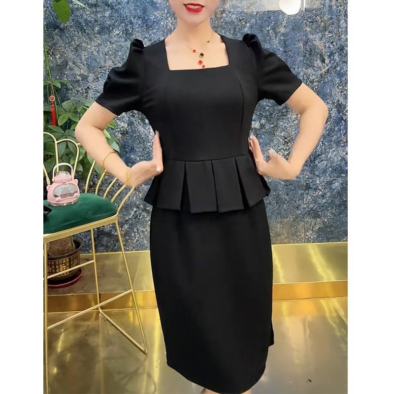 气质遮肚显瘦满天星方口领裙子2025年夏季新款假两件短袖连衣裙女