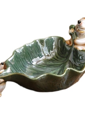 美式乡村创意可爱陶瓷小刺猬荷叶盘 收Z纳庭院摆件