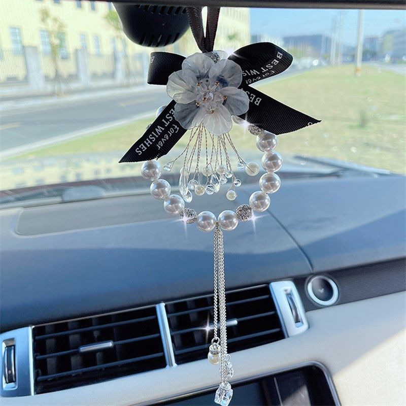 汽车挂件镶钻珍珠车内后视镜挂饰吊坠双面花朵车载挂件Z汽车用品