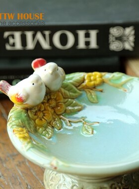 美式乡村 陶瓷釉面 浅蓝色对鸟H花朵摆件 果盘肥皂摆件
