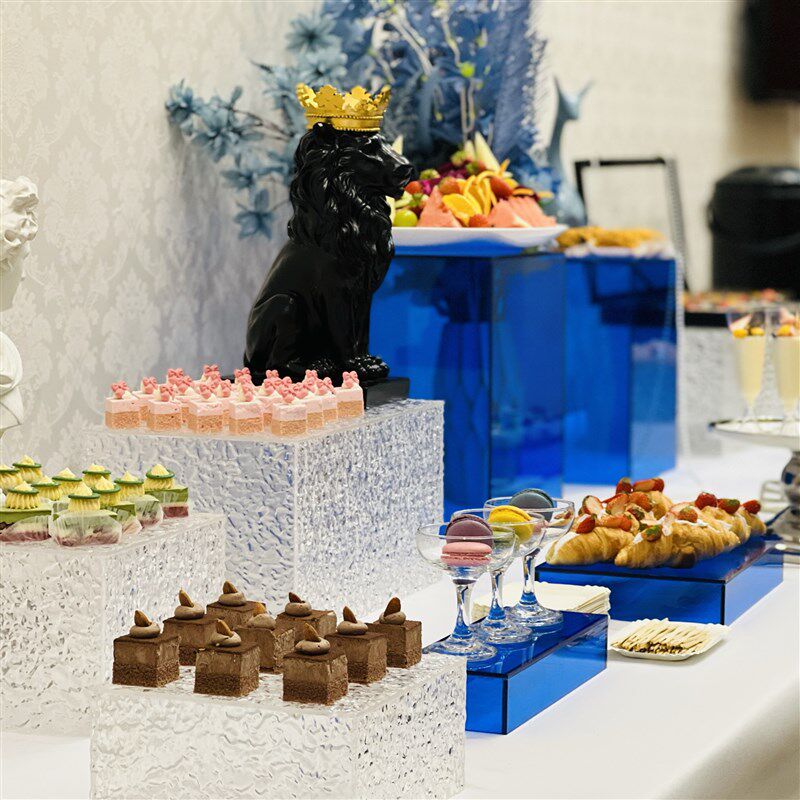 蓝色甜品台柱子亚克力石头纹茶A歇点心展示架子水波纹婚礼宴会摆