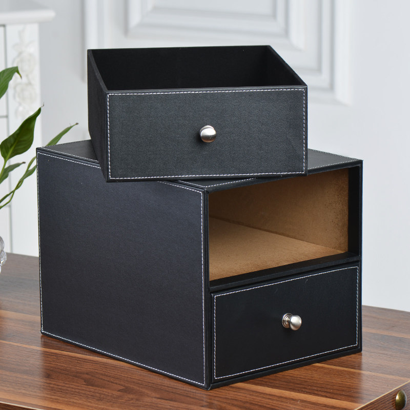 皮革二层欧式带抽屉柜桌面收纳盒A资料整理商务办公文件储物架简