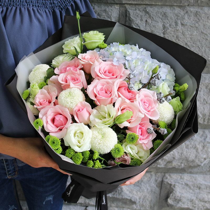 长沙株洲湘潭鲜花同o城速递韩式玫瑰绣球混搭花束花店七夕情人节