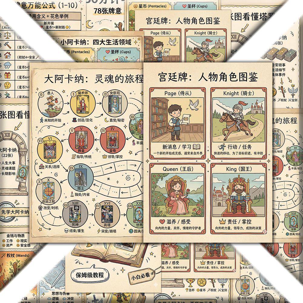 30分钟通关塔罗贴纸塔罗结构四大元素含义数字牌万能公式学习贴画
