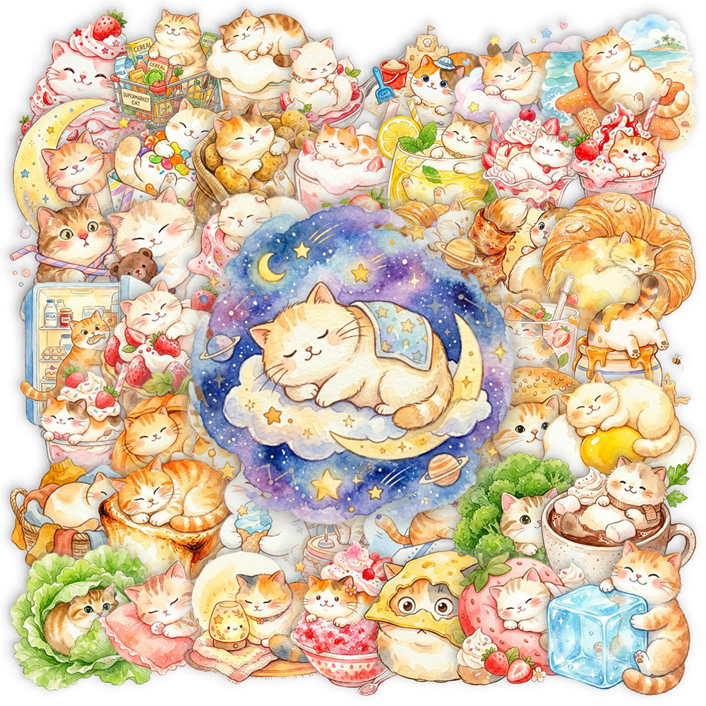 100张水彩猫咪PET贴纸卡通可爱萌宠小猫彩绘小日常桌面手帐贴画