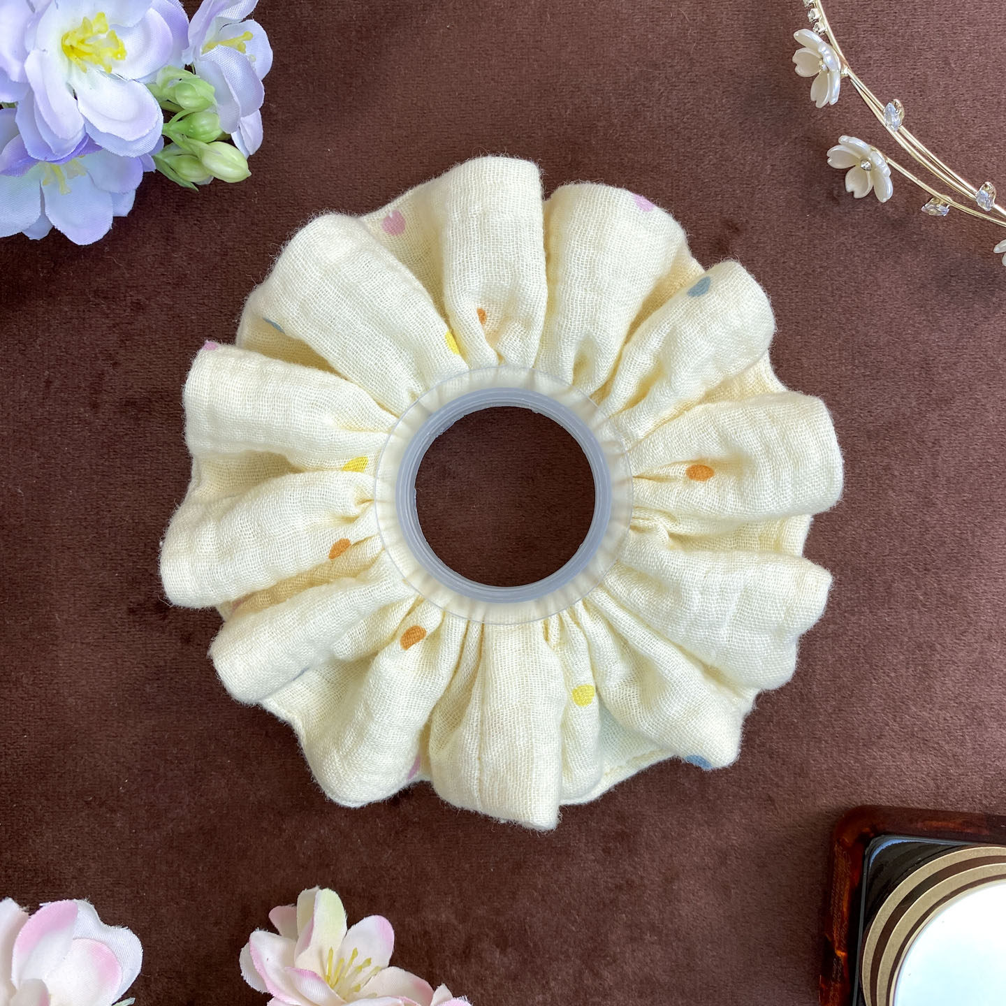 原创自制浅黄色波点宝宝棉大肠发圈手作肠圈甜美柔软头绳韩系素雅