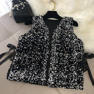秋冬新款BINGBING闪闪亮片马甲宽松系带短款百搭配衬衫小开衫上衣
