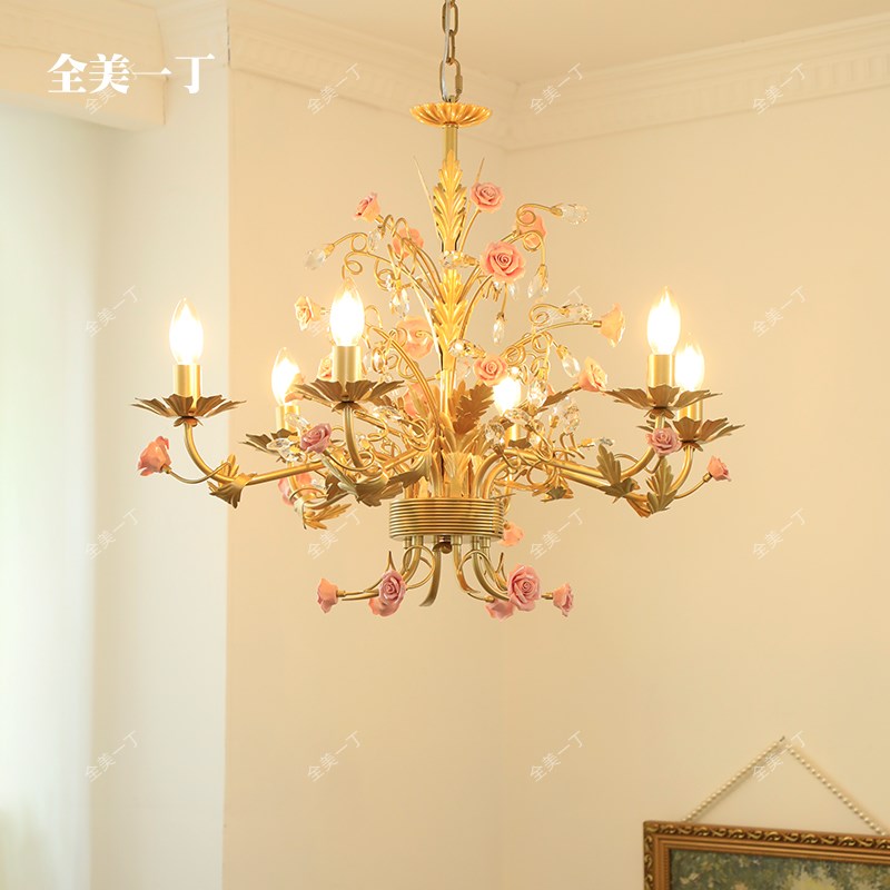 全美一丁法式复古陶瓷玫瑰花朵吊灯客厅卧室蜡烛水晶餐厅创意灯具