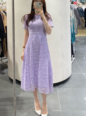 2021夏装新款短袖蕾丝连衣裙女中长款勾花镂空紫色高腰Aa字裙显瘦