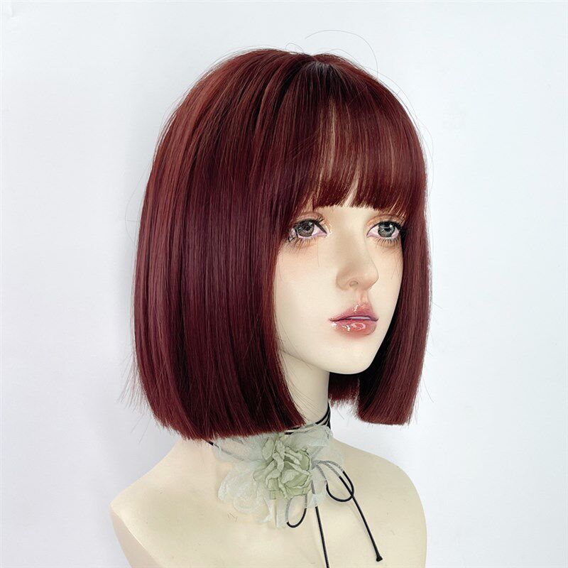 一刀切假发红色短发女全头套波波头直发彩色lolita红发y2k齐肩发