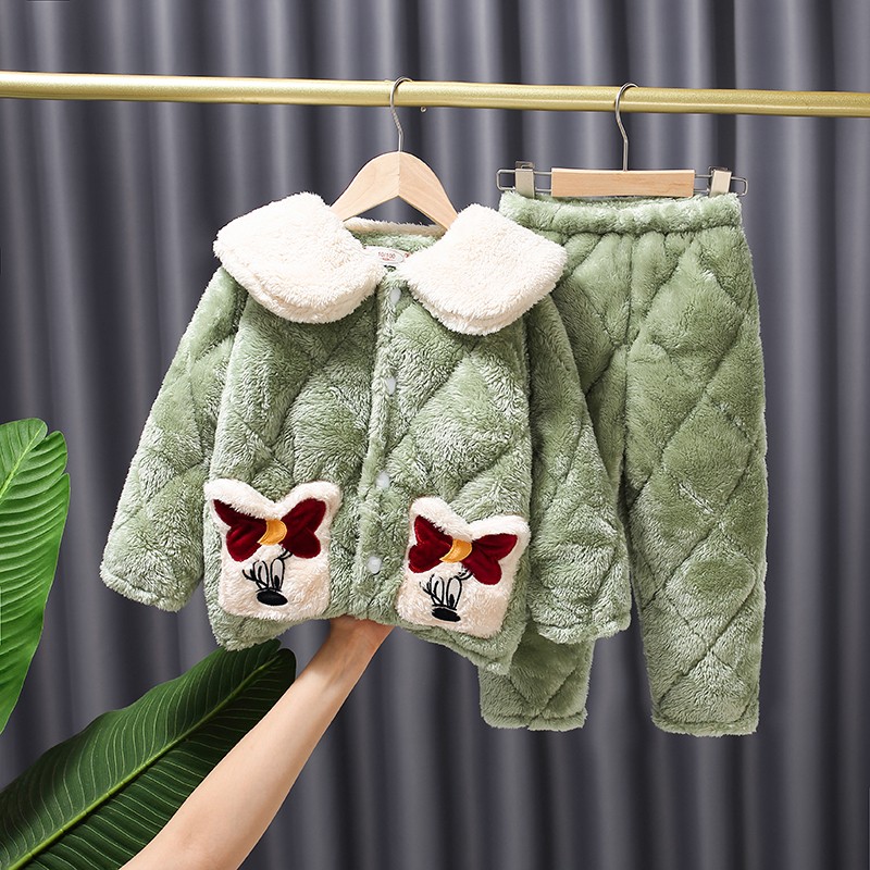 秋冬季儿童睡衣套装女童女孩法兰绒珊瑚绒夹棉三层加厚家居服加绒