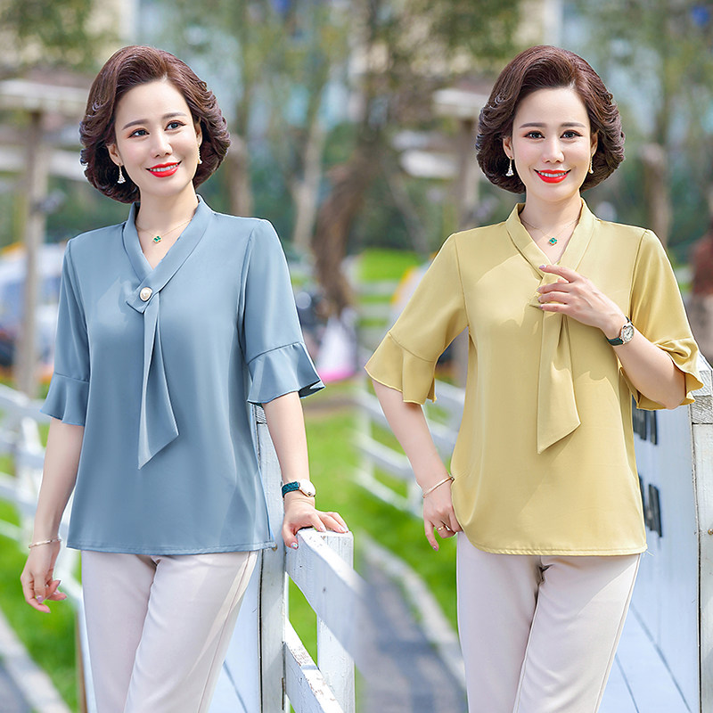 妈妈夏装时尚短袖洋气套装2021新款中老年女装雪纺T恤小衫上衣服,女装/女士精品,中老年女装,淘宝优惠券,粉丝福利购,淘宝优惠卷
