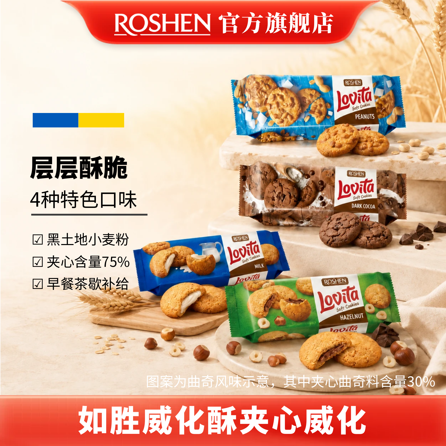 ROSHEN如胜丨LOVITA罗维塔曲奇饼干150g盒装可可花生牛奶榛子夹心