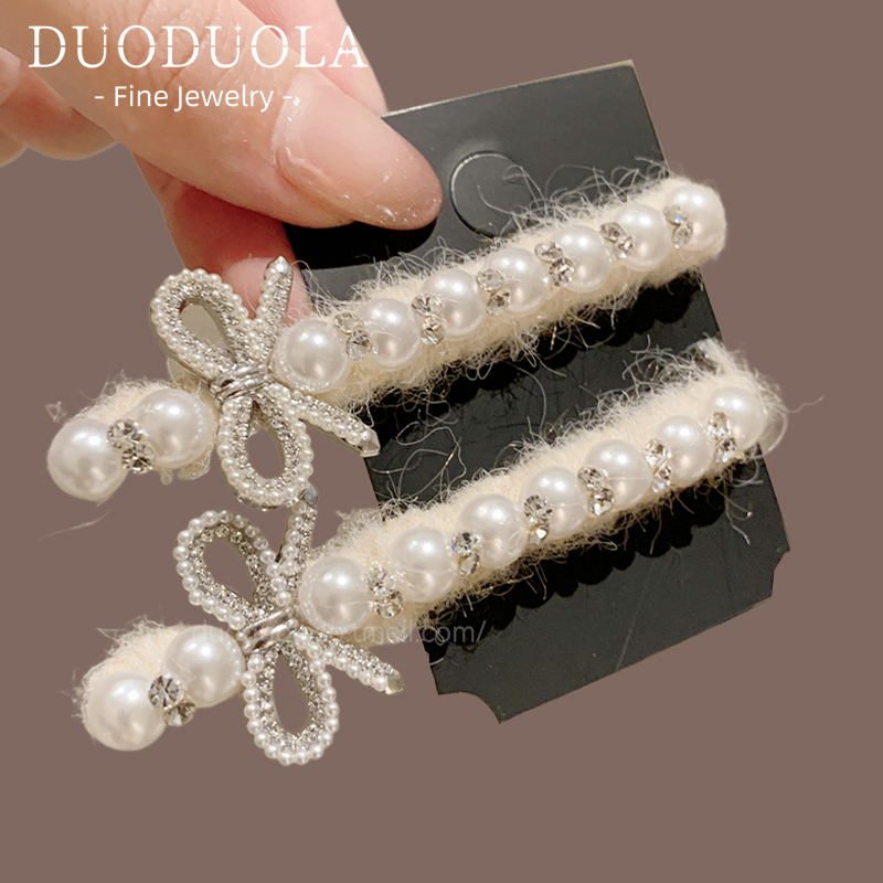 韩系气质珍珠鸭嘴夹蝴蝶结发卡时尚侧边刘海夹温柔白色毛呢发夹女