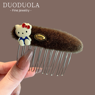 甜美卡通猫咪发梳2026年咖色毛绒侧边发卡发夹碎发整理倒插梳发饰