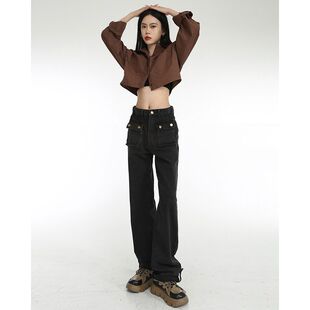 黑色设计感众直筒工装牛仔裤女冬季显瘦高腰卷边裤子ins潮