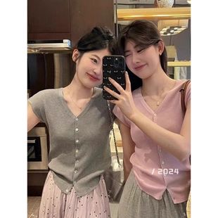 夏季 女装 薄款 修身 上衣 韩系小飞袖 显瘦t恤外穿短袖 v领冰丝针织开衫