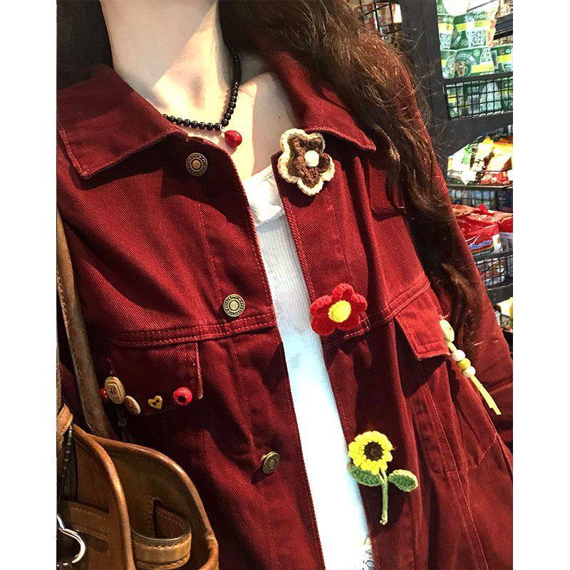 复古红色牛仔外套女春秋款2025新款小个子设计感宽松夹克开衫上衣