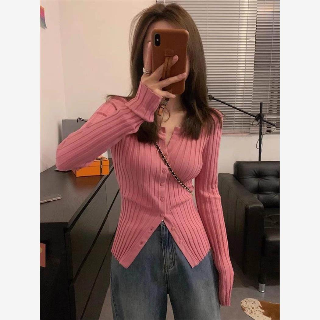 纯欲风粉色v领针织开衫女秋季2024年新款修身内搭打底衫长袖上衣