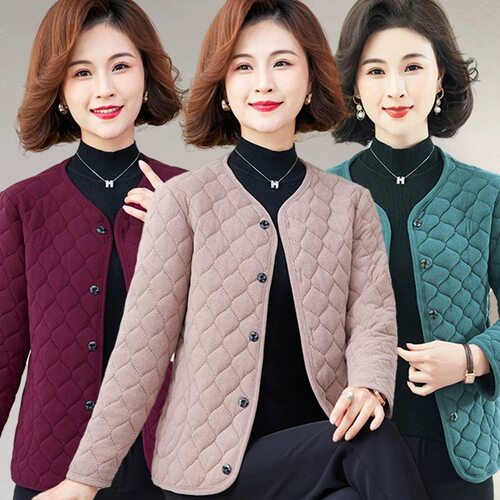 妈妈秋冬装德绒保暖棉衣纯色棉服