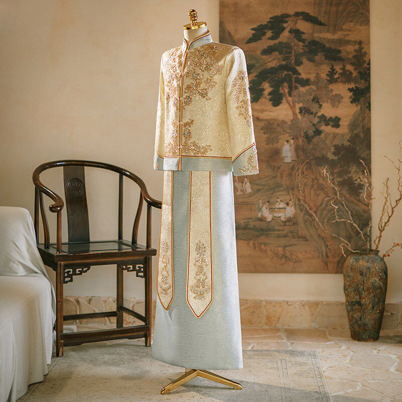 中式婚服秀禾服男士2024新款香槟色新郎服结婚接亲礼服唐装龙凤褂