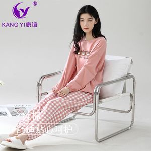 香港康谊春秋新款纯棉女士学生睡衣简约长袖格子裤卡通圆领家居服