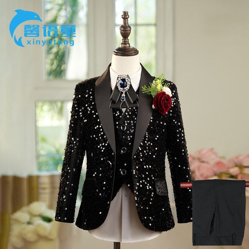 黑色男童亮片礼服儿童西装套装主持人宴会装男宝钢琴演出服正装