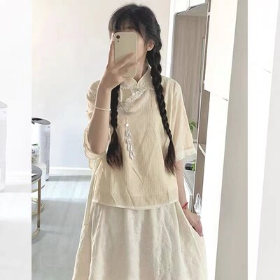 改良少女旗袍款上衣女夏短袖小个子高级感旗袍连衣裙子套装新中式