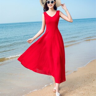 雪纺连衣裙波西米亚长裙气质修身 无袖 海边度假沙滩裙 夏季 2021新款